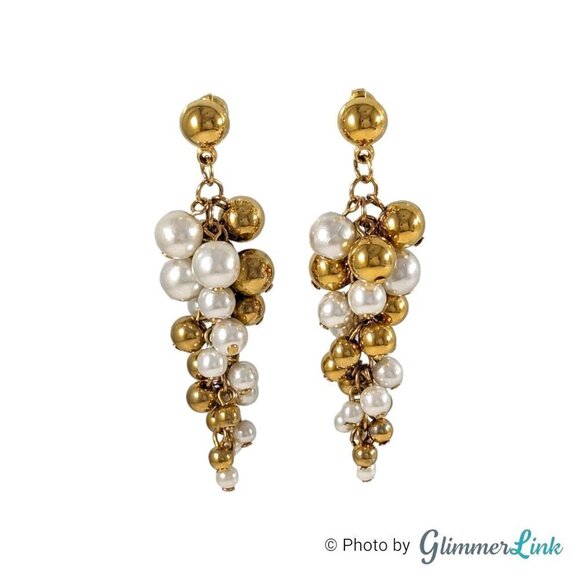 Vintage Two Tone Faux Pearl Grapevine Cluster Dangle Gold Tone Pierced Earrings - Picture 3 of 7